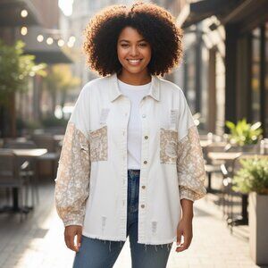 POL White & Tan Paisley Patchwork Denim Shirt, 3XL